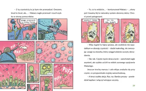 Komiksowa ilustracja z potworami w mundurach i wirusami.
