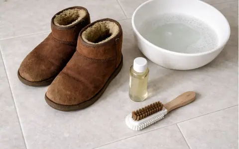 Brązowe buty UGG, miska z wodą, buteleczka z płynem i szczotka do czyszczenia. Dowiedz się, jak czyścić UGG.