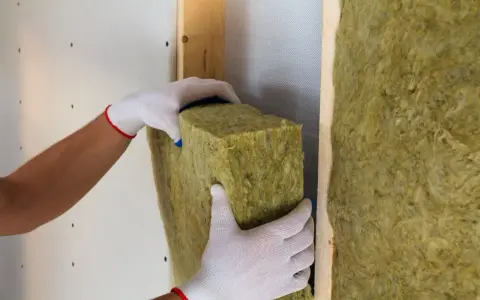 Manos enguantadas colocan aislamiento de lana de roca para como aislar una pared, creando un hogar más cálido y eficiente.