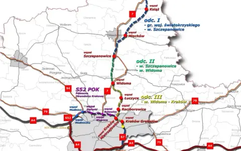 Mapa drogowa z zaznaczonymi odcinkami S52 i S7, idealna na 3-dniową wycieczkę po Małopolsce i okolicach.