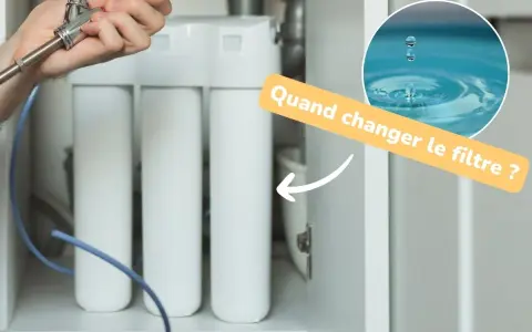 Main d'un homme tenant un robinet, avec un système de filtration d'eau et un texte "Quand changer le filtre ?". Un filtre adoucisseur bloqué peut causer des problèmes.
