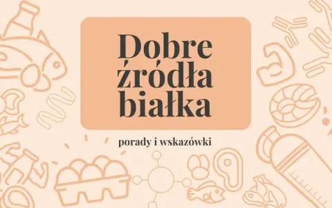 Ilustracja przedstawia różne produkty spożywcze, takie jak ryby, jajka, mięso i mleko, które są dobrymi źródłami białka.