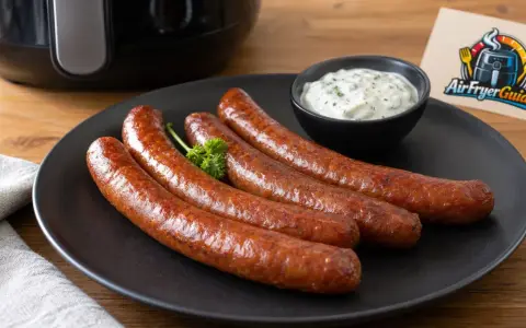 Vier gebratene Merguez-Würste auf einem Teller, serviert mit Dip. Ein Airfryer-Guide-Logo ist im Hintergrund zu sehen. Perfekt für ein schnelles Merguez Rezept.