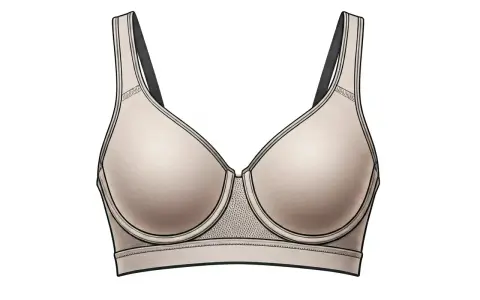 Reggiseno sportivo color carne, con spalline nere e dettagli in rete. Un classico reggiseno in francese, perfetto per ogni attività.