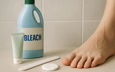Pied sain, tube de crème, lime et flacon de javel. Un traitement efficace contre la mycose de l'ongle du pied.