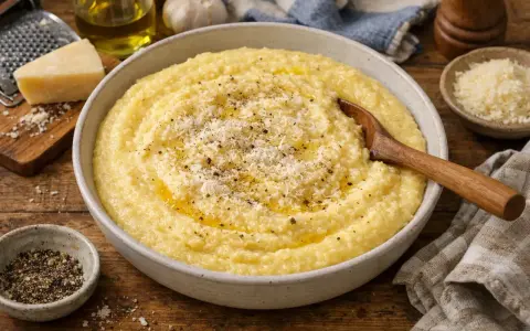 Polenta crémeuse dans un bol, garnie de parmesan râpé et de poivre noir, avec une cuillère en bois.