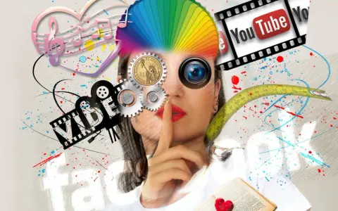 Mujer con elementos de redes sociales y diseño, simbolizando estrategias de comunicación.