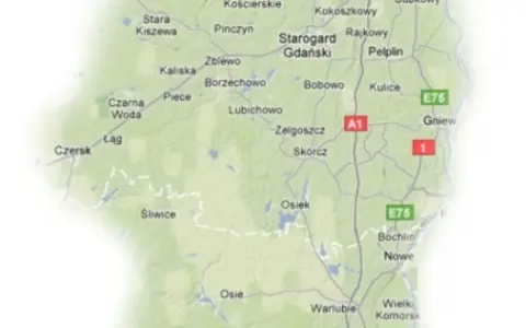 Mapa drogowa regionów Kociewie i Kaszuby, z zaznaczonymi miastami jak Starogard Gdański, Gniew i Czersk.