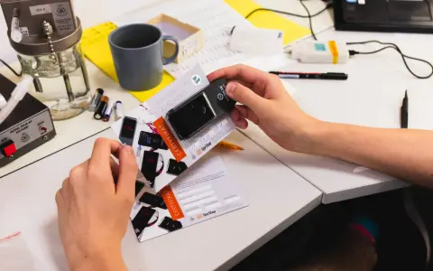 Ręce trzymają alkomat i certyfikat kalibracji. Na stole leżą baterie, kubek i sprzęt laboratoryjny.
