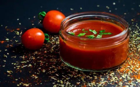 Un vasetto di ketchup fatto in casa, guarnito con basilico fresco, accanto a pomodori maturi e spezie su sfondo scuro.