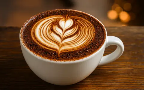 Ein wunderschöner Caffè Mocca mit Latte Art, der auf einem Holztisch steht.