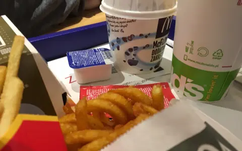 Zakręcone frytki McDonald's w pudełku z sosem i napojem.