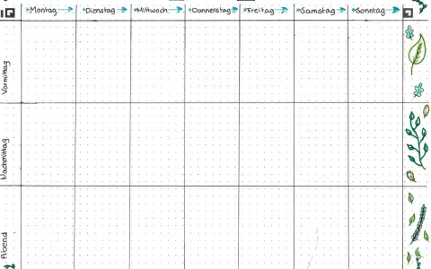 Ein Wochenplan-Layout mit Feldern für jeden Tag und Tageszeiten (Vormittag, Nachmittag, Abend). Ideal, um zu planen, wie erstelle ich einen lernplan.