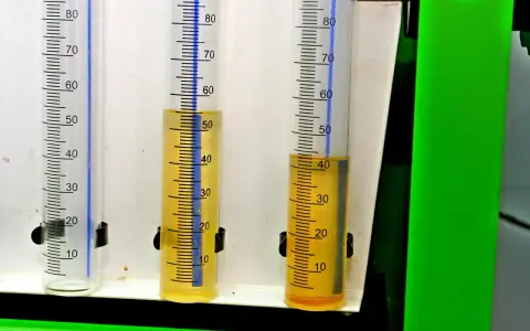 Trzy menzurki z podziałką. W dwóch z nich widać żółty płyn, prawdopodobnie benzyna w oleju, na poziomie około 50 i 40 ml.