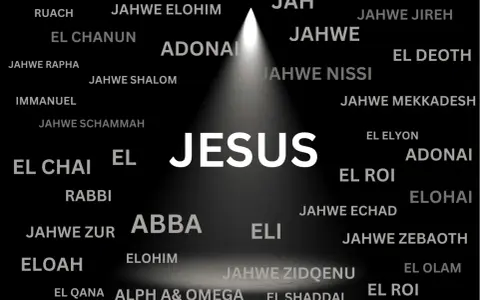 JESUS im Licht, umgeben von Namen Gottes wie El Shaddai, Adonai, Elohim. Ein starkes Symbol, um an Gott zu glauben.