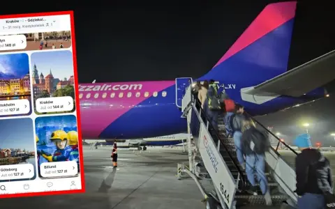 Loty z Bari do Katowic? Aplikacja pokazuje tanie loty do Londynu, Sztokholmu, Krakowa, Göteborga i Billund. Pasażerowie wsiadają do samolotu Wizz Air.