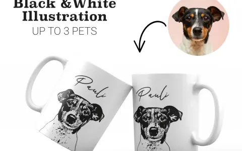 Tazas personalizadas con ilustración en blanco y negro de un perro Jack Russell Terrier, con su nombre "Pauli".