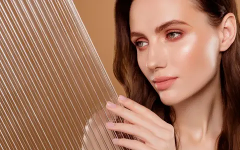 Kobieta z idealną cerą, która emanuje blaskiem, niczym efekt glass skin. Delikatne linie na pierwszym planie dodają głębi.