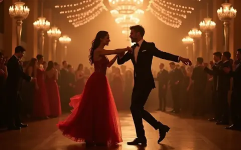Para ciebie, moja droga, za tobą pójdę jak na bal. Elegancka para tańczy na sali balowej, otoczona gośćmi.