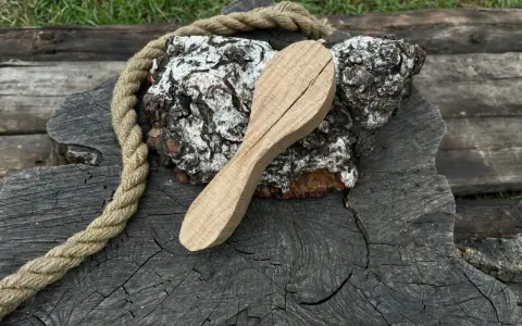Cucchiaio grezzo in legno d'acero, appoggiato su un tronco scuro con una corda rustica.