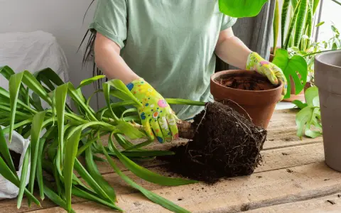 Manos enguantadas sacando una planta con raíces de una maceta para trasplantar una planta de una maceta a otra.