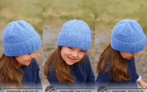Trzy ujęcia dziewczynki w błękitnej czapce. Wzór czapki na drutach, idealny na zimę.