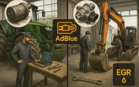 Mechanicy pracują przy traktorze i koparce. Na ekranie laptopa schemat, obok narzędzia. Widoczne symbole AdBlue i EGR.