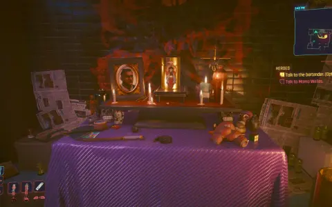 Ofrenda de paz cyberpunk con retrato, velas, calaveras y ofrendas.