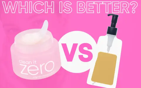 Cleansing balm vs oil: A pink graphic shows a jar of "Clean It Zero" cleansing balm next to a bottle of cleansing oil, asking "Which is better?".