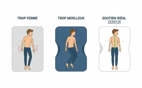 Un homme sur un matela dur, trop ferme, montre une mauvaise posture. Un matelas trop mou le fait s'enfoncer. Le soutien idéal maintient la colonne vertébrale droite.