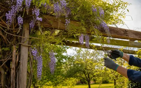 Des grappes de glycine arbre en fleurs tombent d'une pergola en bois. Des mains gantées taillent la plante.