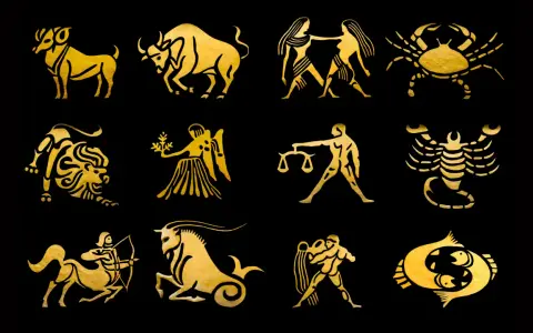 Dodici simboli dorati del **segno zodiacale** su sfondo nero, come un **quarzo citrino** che illumina il cielo notturno.