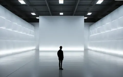 Una persona solitaria contempla una pared blanca en un espacio minimalista e iluminado.
