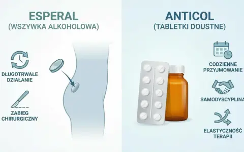 Esperal (wszywka) i Anticol (tabletki) to metody leczenia alkoholizmu. Esperal działa długotrwale po zabiegu, Anticol wymaga codziennego przyjmowania.