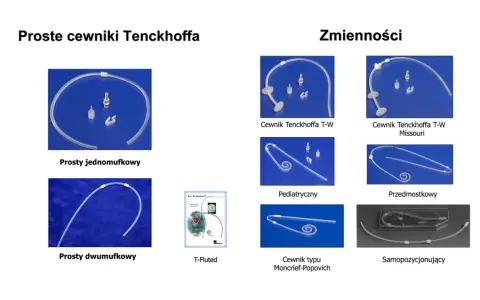 Różne rodzaje dializ: cewniki Tenckhoffa proste (jednomufkowe, dwumufkowe) i zmienne (T-W, pediatryczny, przedmostkowy, Moncrief-Popovich, samopozycjonujący).