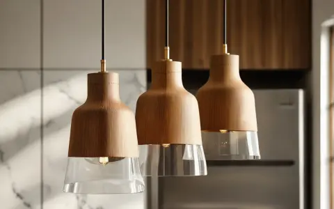 Trzy wiszące lampy z drewnianymi kloszami i szklanymi elementami. Idealne, by rozjaśnić kuchnię, zastanawiasz się, ile lumenów do kuchni potrzebujesz?