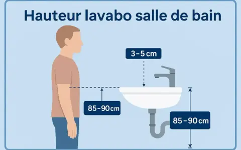 Illustration showing a person and a sink. The ideal height for a bathroom vanity is 85-90 cm, with the faucet 3-5 cm above the sink.