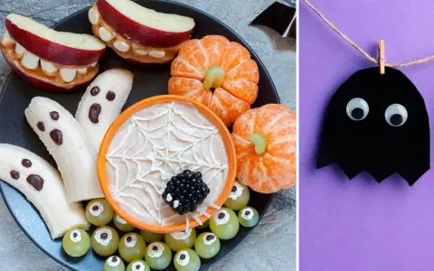 Rolig halloweenmat för barn: bananghay, äppelskräck och spindelnätsdipp.