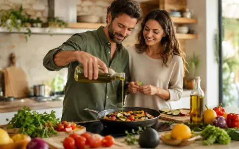 Pareja sonriente cocina verduras en sartén. Él vierte aceite de oliva, ella prepara hierbas. Se puede cocinar con aceite de oliva.