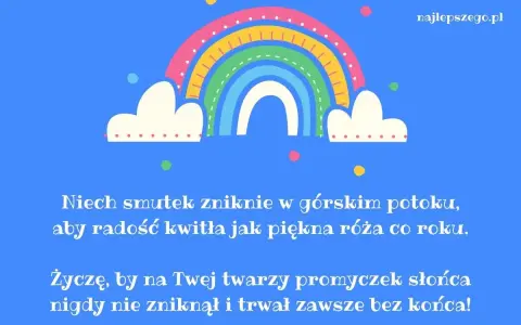 Kolorowy tęczowy łuk z chmurkami i życzeniami na Dzień Dziecka. Niech radość kwitnie!