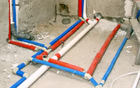 Skomplikowana instalacja wodna w domu, z rurami czerwonymi, niebieskimi i białymi, przygotowana do ukrycia pod tynkiem.