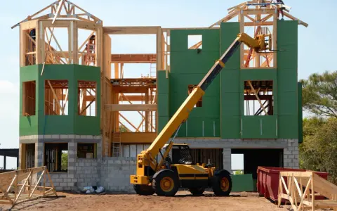 Chantier d'une maison individuelle en cours de construction. Une grue télescopique jaune est positionnée près de la structure en bois et des panneaux verts.