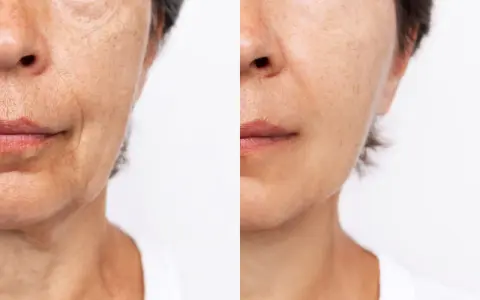 Comparaison avant/après : peau marquée par les rides du sommeil d'un côté, peau plus lisse et rajeunie de l'autre.