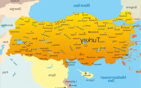 Mapa Turcji z zaznaczonymi miastami i granicami.