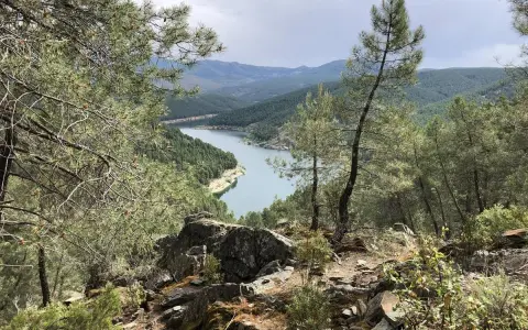Vista panorámica del embalse de El Vado, rodeado de pinos y montañas. El agua serena refleja el cielo nublado.