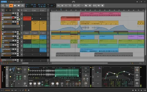 Wielostrefowy projekt w Bitwig Studio z warstwami instrumentów, sampli i efektów.