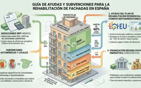 Guía de ayudas para rehabilitación de fachadas: desgravación renta eficiencia energética, subvenciones, fondos NextGenerationEU y financiación ICO.