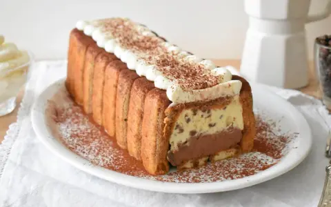 Pyszne włoskie ciasta: tiramisu w kształcie keksówki, otoczone biszkoptami, z kremem i kakao. Idealne na deser.