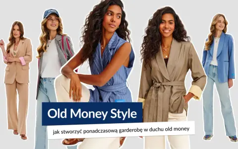 Pięć kobiet prezentuje eleganckie stylizacje w stylu old money: garnitury, marynarki i spodnie w stonowanych kolorach.