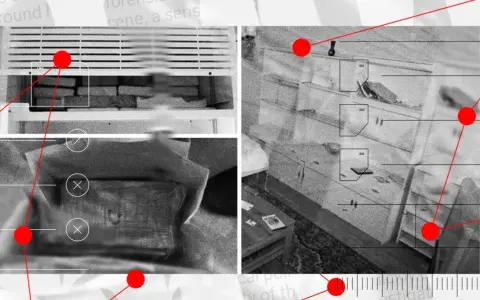 Brottsutredarna undersöker ledtrådar i en radioteater deckare. Detaljer från brottsplatsen visas med markeringar.
